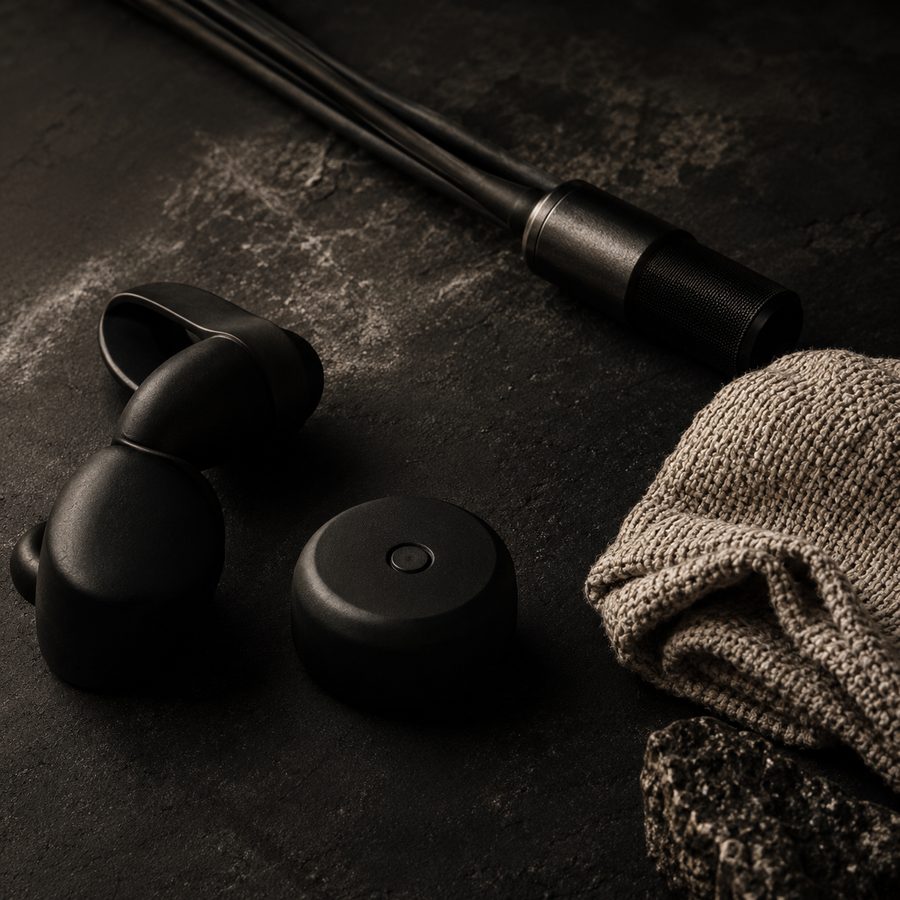 Training and trekking equipment laid out on dark stone