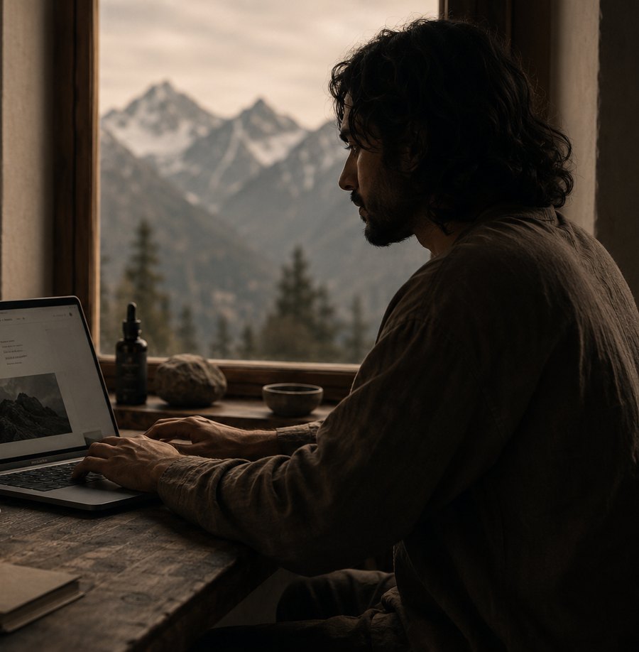 A man working at a laptop by a window opening onto the mountains, the bottle on the sill