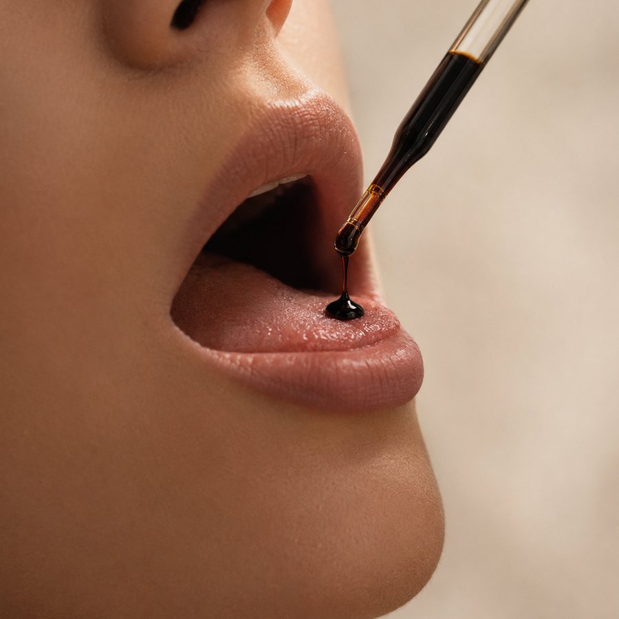 A woman taking Element 003 from the glass dropper