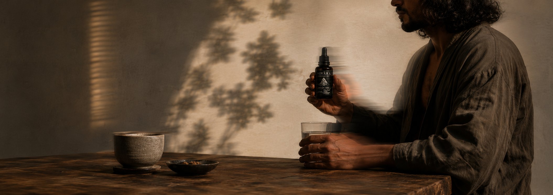 A man seated at a wooden table holding the Element 003 bottle in morning light
